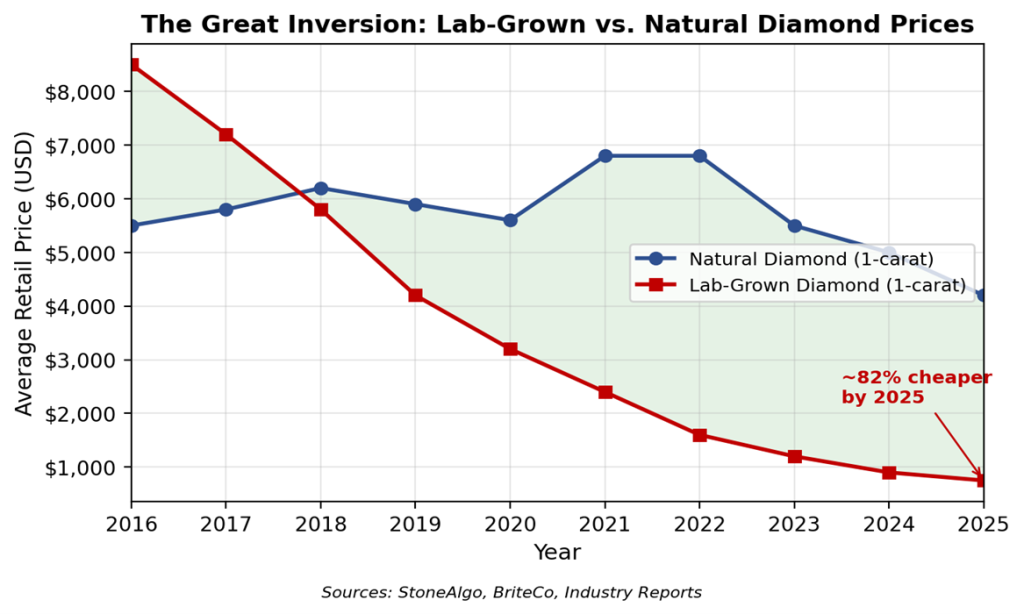 Line chart titled “The Great Inversion” comparing natural and lab-grown diamond prices from 2016 to 2025, showing lab-grown diamond prices falling dramatically to roughly 82 percent lower than natural diamonds by 2025.